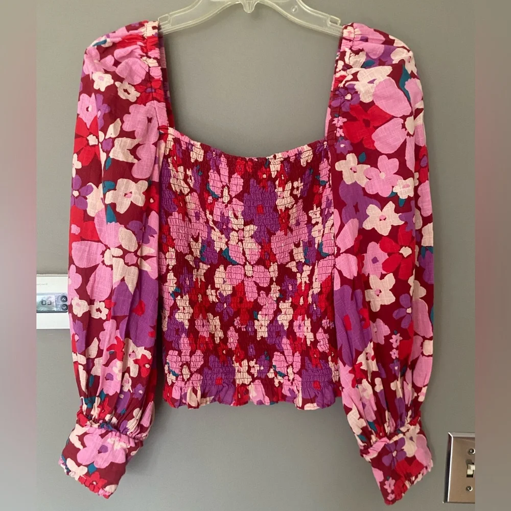 FREE PEOPLE Ariana Smocked Bodice Puff Sleeve Floral Top  Size Small